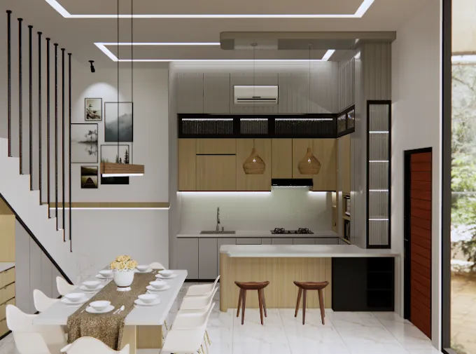 Dapur dan ruang makan terbuka dengan kitchen set built-in dan meja makan marmer