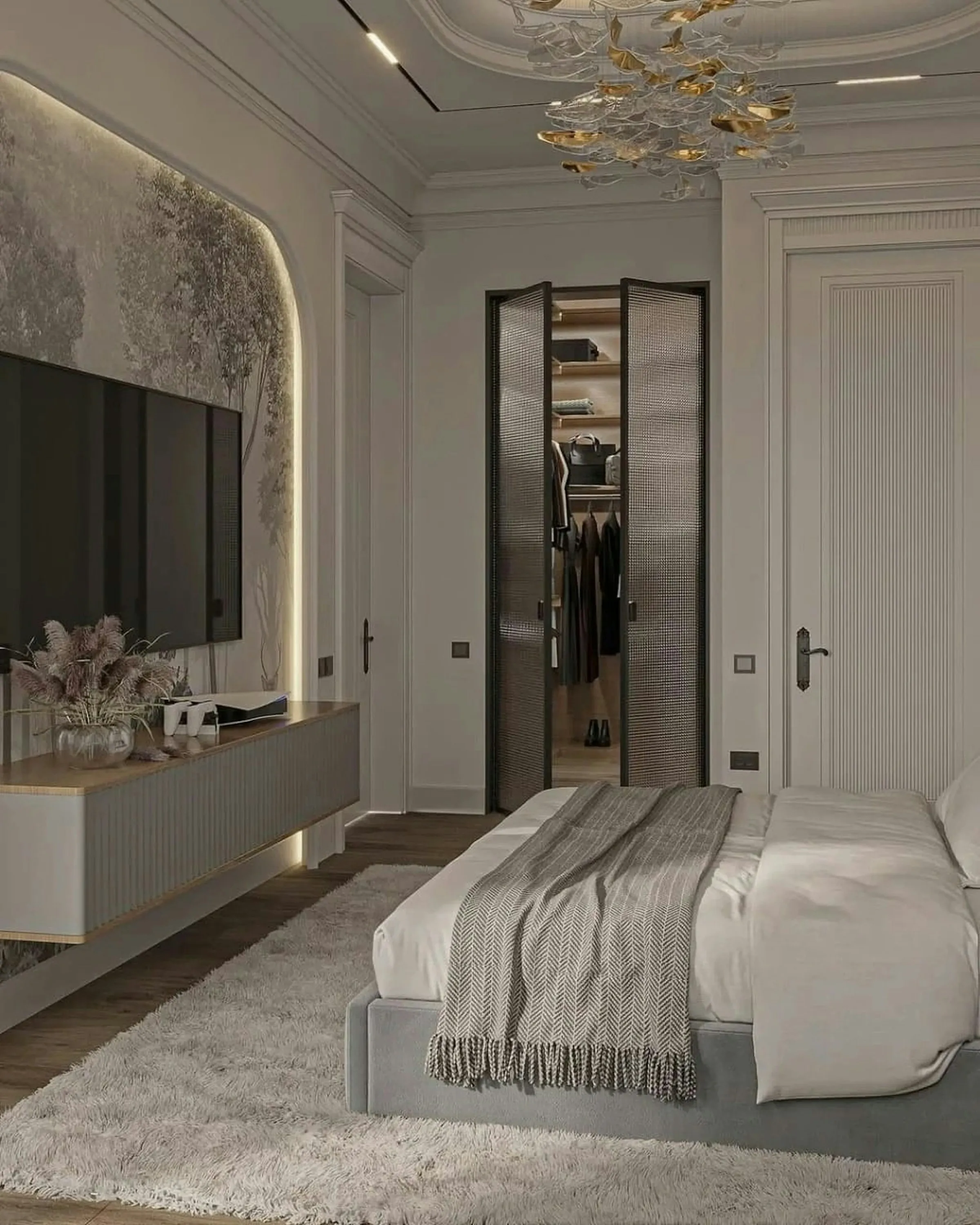 Referensi kamar tidur dengan panel dinding fluted dan area TV