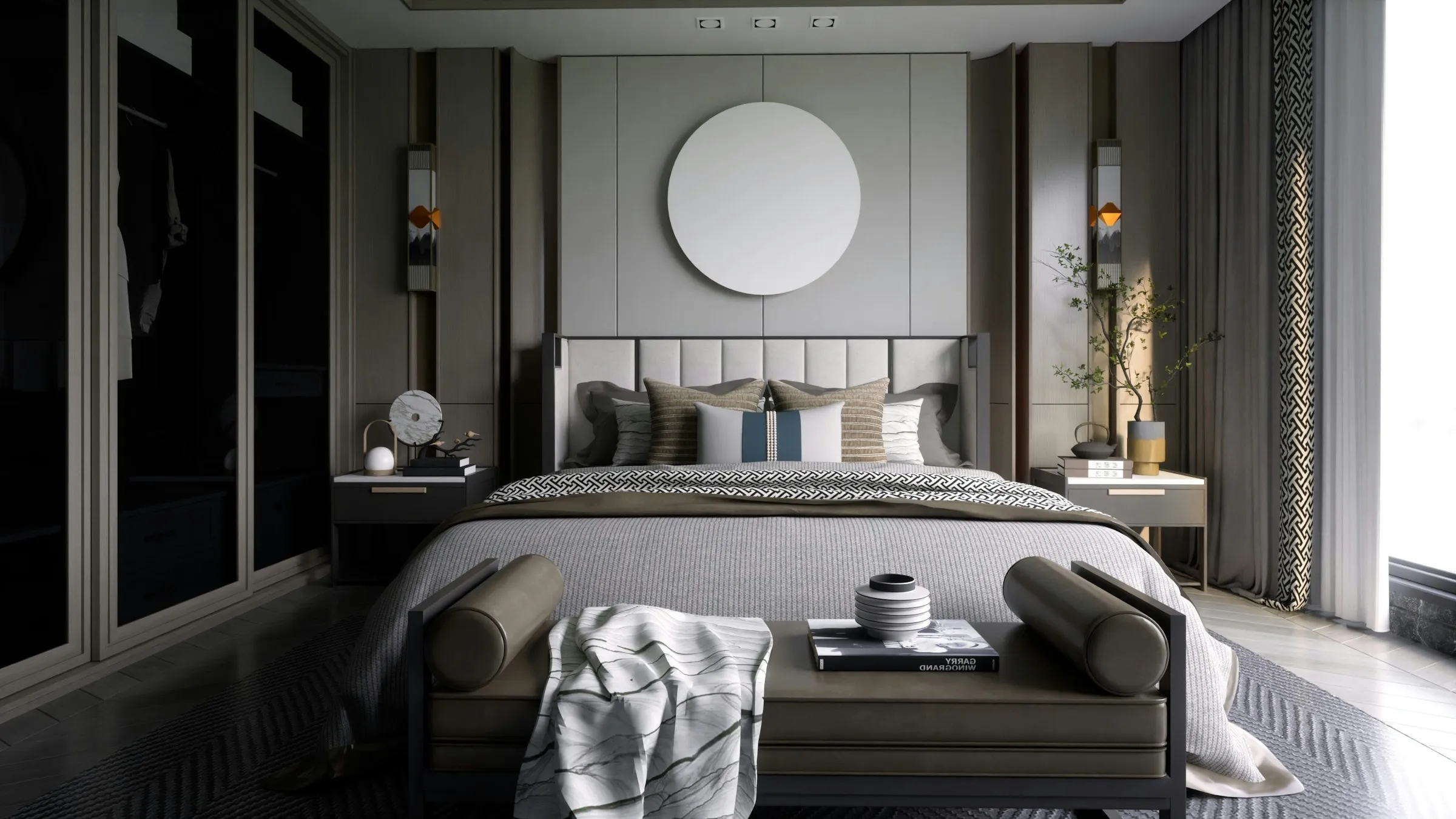 Referensi kamar tidur dengan cermin bulat dan headboard panel