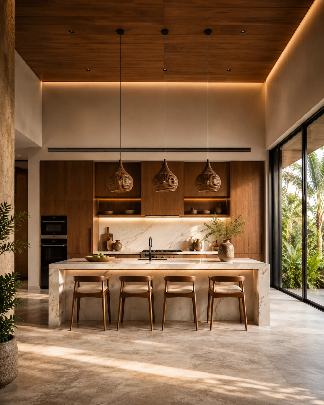 Dapur villa mewah dengan kabinet kayu walnut, island marmer, dan pencahayaan hangat