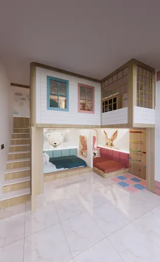 Kamar anak dengan bunk bed custom bertema rumah kecil