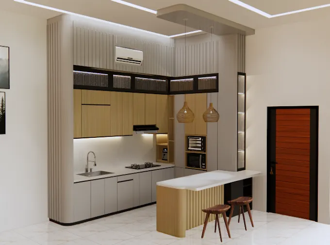Kitchen set dengan panel fluted, kabinet atas kaca, dan pendant lamp rotan
