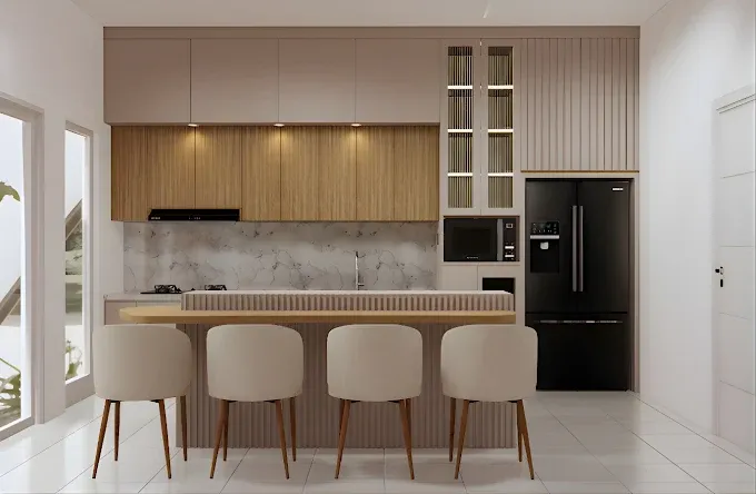 Kitchen set custom warna light beige dengan island bar di Bogor Utara