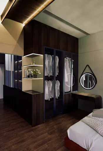 Walk-in closet dengan pintu kaca, cermin bulat, dan pencahayaan LED